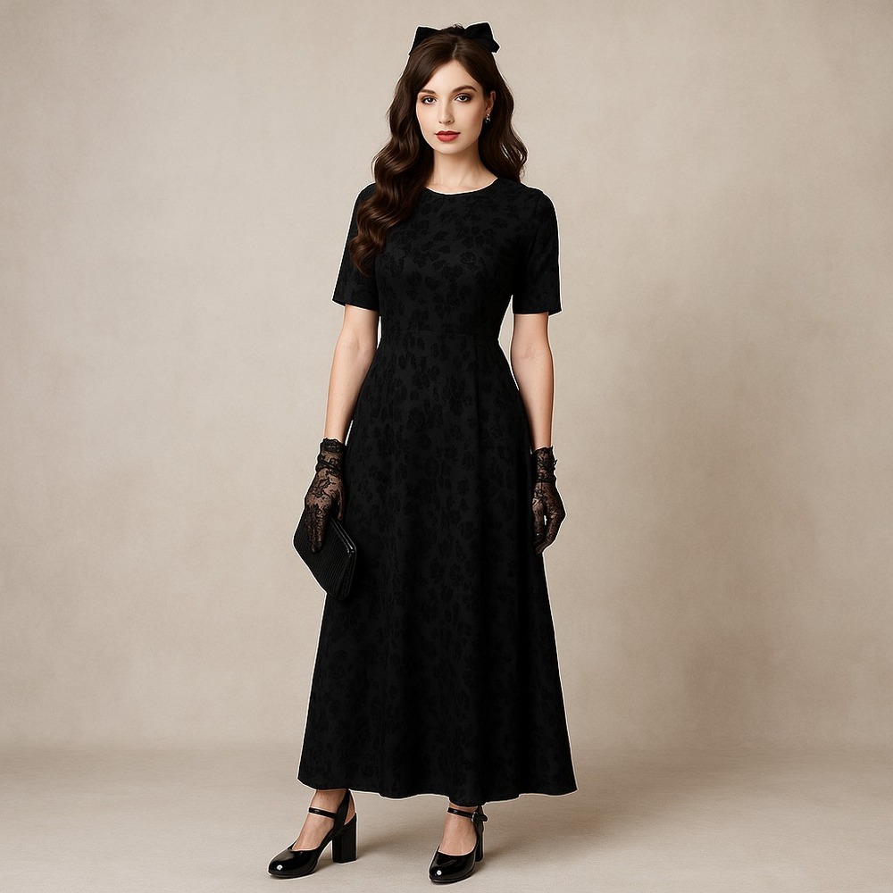 Vintage Eve Adams Dress Womens L Black Floral Gothic Modest‎ Elegant Dark Midi
